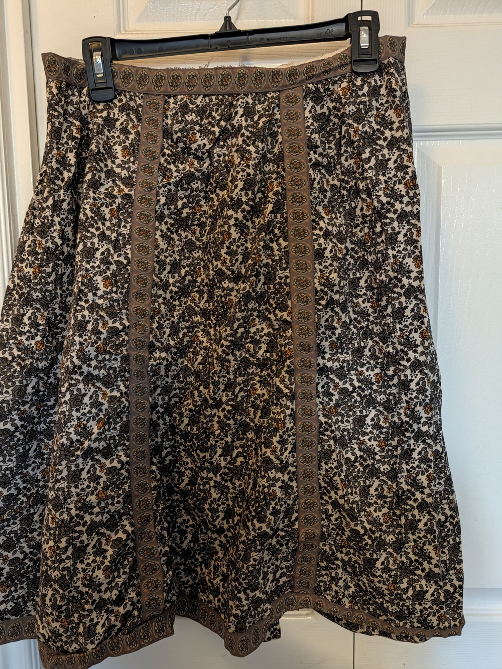Boho Floral Midi Skirt – Brown, Cream & Mustard – 100% Cotton, Lined L/XL